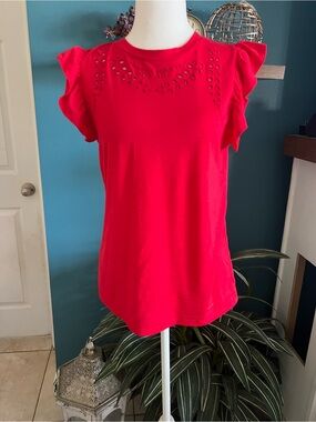 Anne Klein Bright Red Ruffle Sleeve Eyelet Knit Top